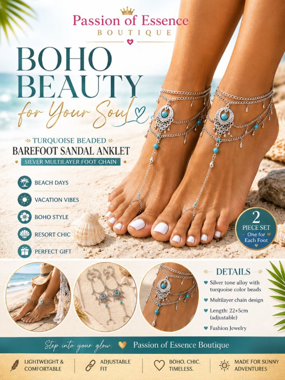 Boho Turquoise Blue Beaded Barefoot Sandal Anklet Set – 2PC Silver Foot Chains